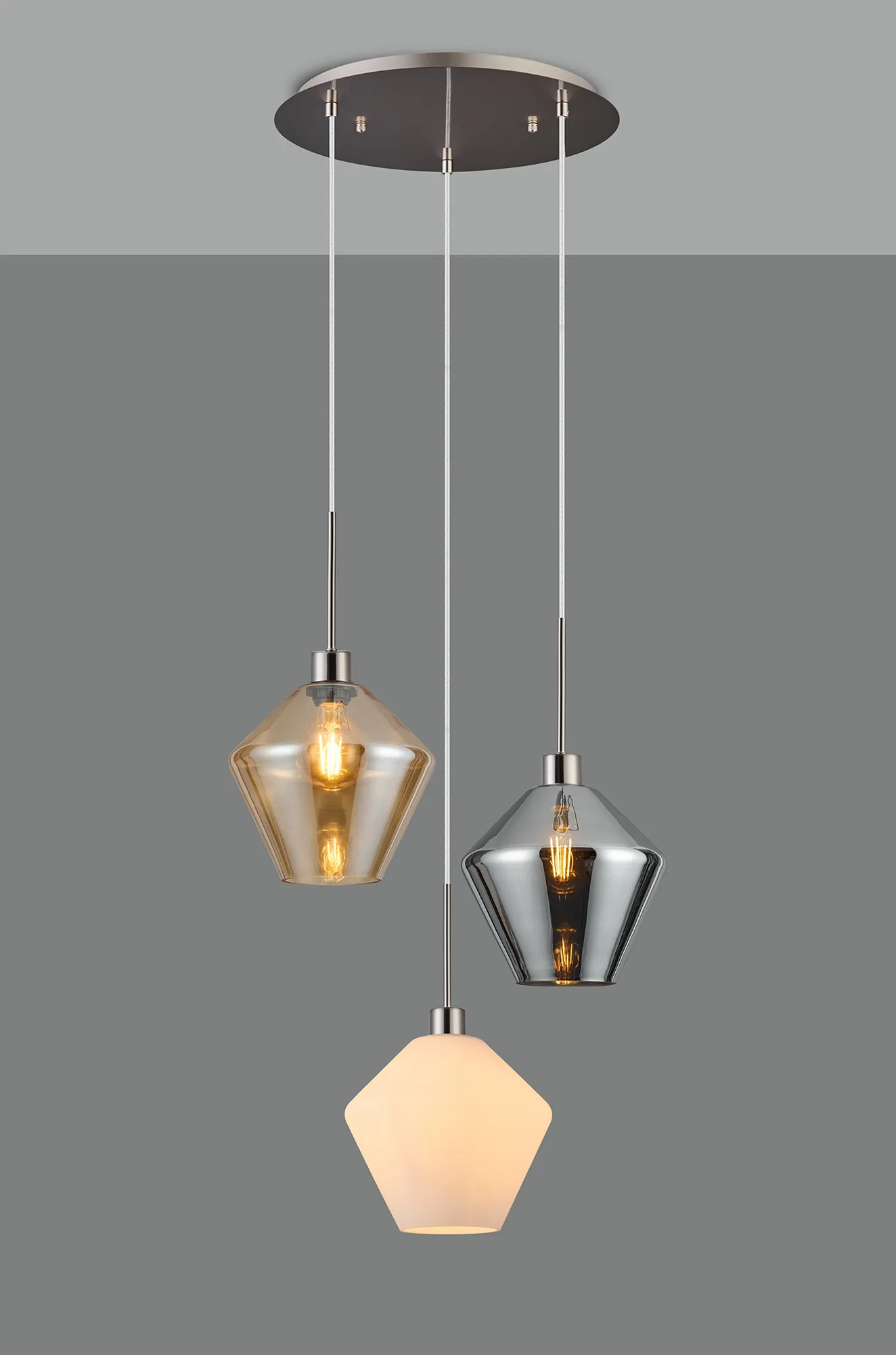 Lori 40cm Round Pendant, 3 Light Adjustable E27, Satin Nickel/Amber/Chrome/Opal Diamond Shades DK1374  Deco Lori Satin Nickel